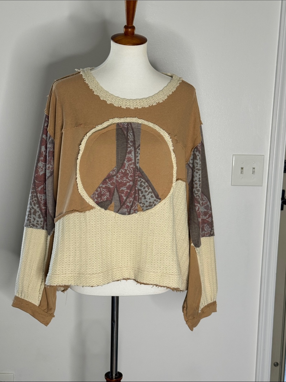 POL Patchwork Peace Sign Sweatshirt in Tan, Cream & Brown